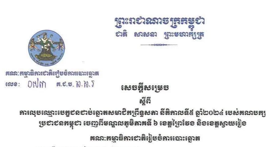 សេចក្តីសម្រេចស្តីពីការលុបឈ្មោះបេក្ខជនជាប់ឆ្នោតសមាជិកព្រឹទ្ធសភា នីតិកាលទី៥ ឆ្នាំ២០២៤ របស់គណបក្សប្រជាជនកម្ពុជា ចេញពីមណ្ឌលភូមិភាគទី ៦ ខេត្តព្រៃវែង និងខេត្តស្វាយរៀង